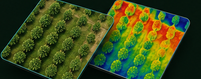 Comparación visual entre imagen RGB de cultivo y mapa térmico agrícola